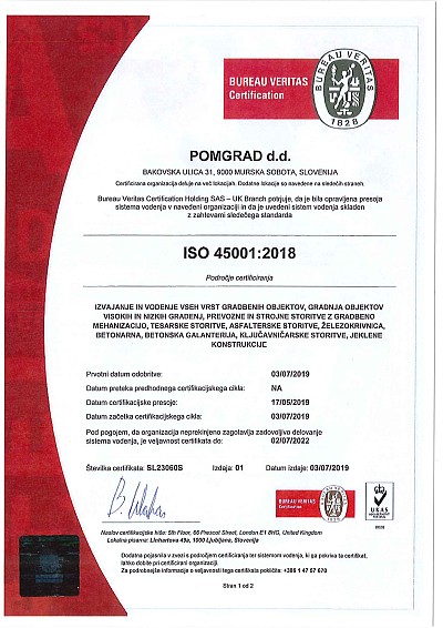 certifikat ISO 45001/2018 za sistem vodenja varnosti in zdravja pri delu