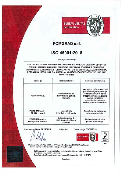 priloga certifikata ISO 45001/2018 za sistem vodenja varnosti in zdravja pri delu
