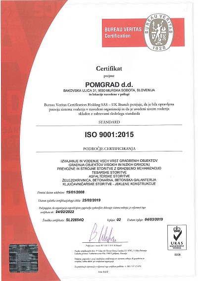 certifikat ISO 9001/2015 za sistem vodenja kakovost