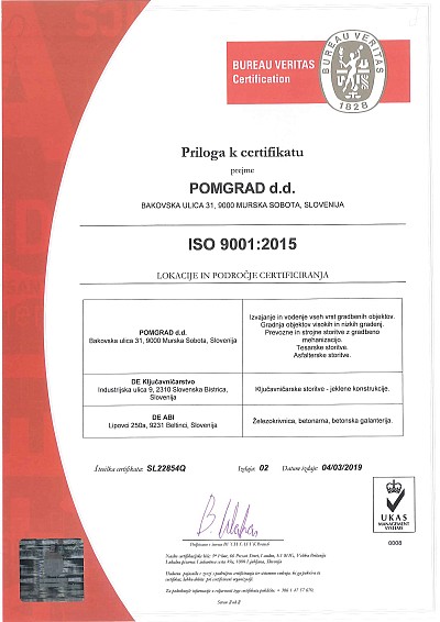 priloga certifikata ISO 9001/2015 za sistem vodenja kakovost