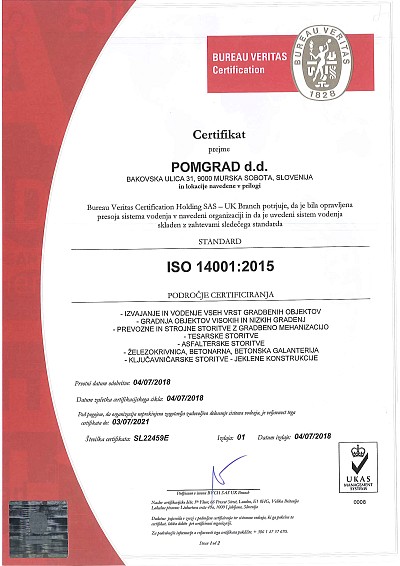certifikat ISO 14001/2015 za sistem ravnanja z okoljem 